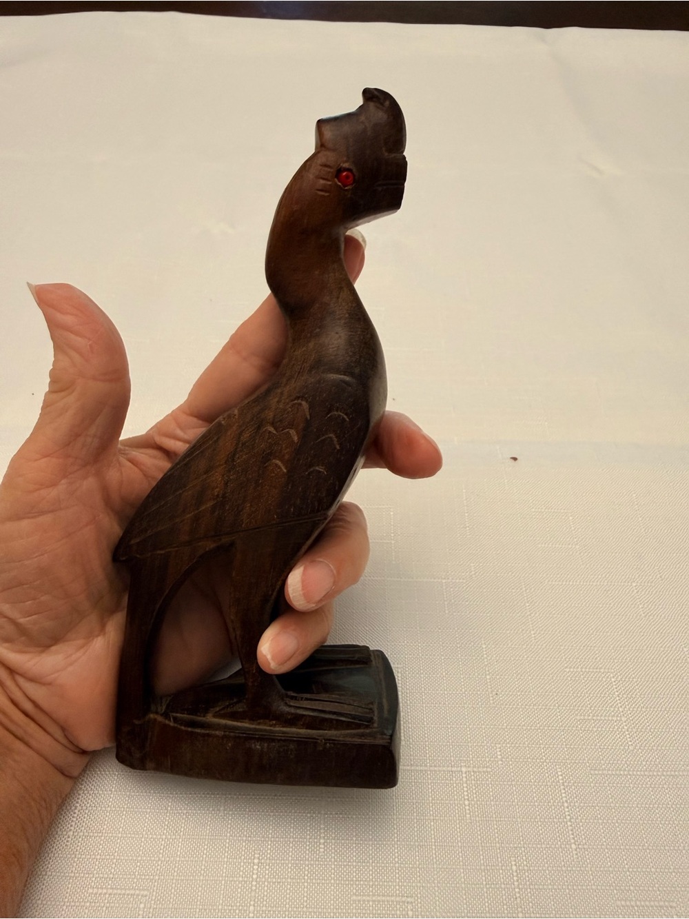 Carved Wood Hornbill Bird Figurine Red Eyes Dark Brown 7.75” Folk Art